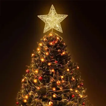 1 adet Ağaç Üst Yıldız Altın / gümüş / kırmızı Glitter Noel Ağacı Süsleme Noel ev dekoru Parti Dekor Metal Yıldız Dekorasyon