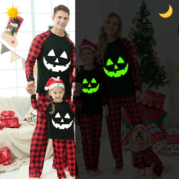 2024 Cadılar Bayramı Aile Eşleştirme Noctilucent Kabak Gülümseme Mutlu Cadılar Bayramı Aydınlık Geri Pijama Seti