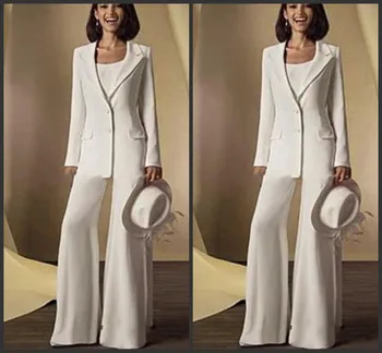 Saten Uzun Kollu Anne ceket ile Gelin Elbiseler Pantolon Takım Elbise 3 Parça Custom Made Kadınlar Beyaz Resmi Kıyafetler