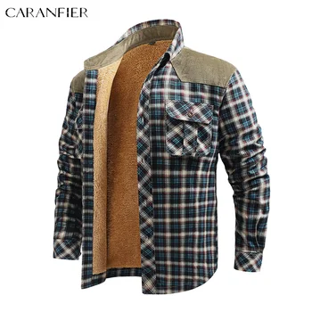 CARANFIER erkek %100 % Pamuklu Ekose Ceket Kalın Sıcak Kış Kadife Patchwork Gömlek Erkek Polar Astarlı Metal Düğme Sokak giyim