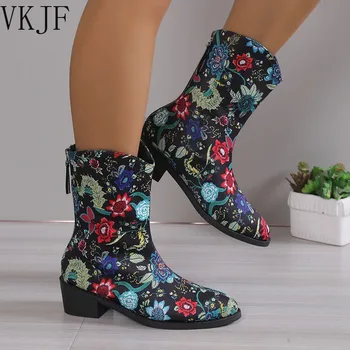 Kadınlar için Ayakkabı 2023 Moda Sivri Fermuar Çiçek Pu deri çizmeler Zarif ve Basit Moda Çizmeler Düz kadın tek ayakkabı