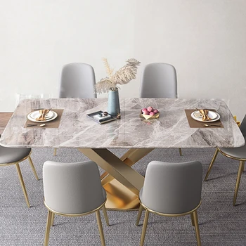 Iskandinav Lüks Parlak mermer yemek masası 6 Kişi İçin Yaratıcı Büyük Ve Küçük Aile Mutfak Masası Paslanmaz Çelik Esstisch