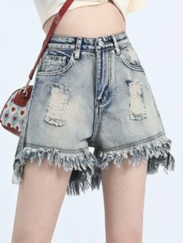Yaz Mavi Y2k Tasarımcı Şort Kadın Düzensiz Kore Tarzı Vintage kot pantolon Kadın Yüksek Bel Rahat moda pantolon 2023 Yeni