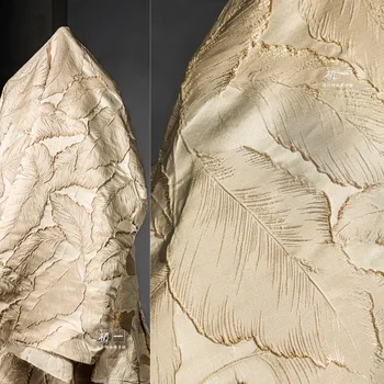 Bej Altın İpek Yaprak Jakarlı Kumaş Rüzgarlık Ceket Aşağı Ceket Moda Giyim Tasarımcısı Dikiş Malzemesi Toptan Kumaş