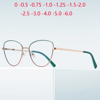 Yeşil Altın Çerçeve Kedi gözü Miyop gözlük kadınlar için mavi ışık engelleme eksi derece reçete gözlük-0.5 -0.75 To-6