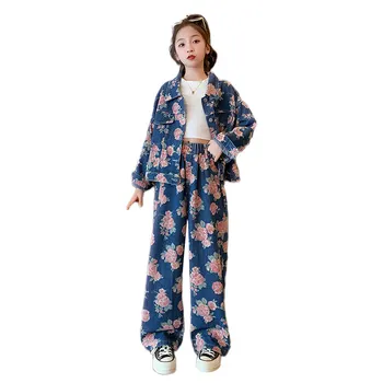 Moda Gösterisi Genç Kız Çiçek giyim setleri Ceket + Pantolon ve Etek İki Adet Çiçek Kıyafetler Çocuklar Okul Streetwear Denim Takım Elbise