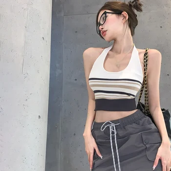 Kadın Asılı Boyun Çok Yönlü Tankı Üstleri Örme Kısa Yelekler kadın Tasarım Duygusu Şerit Kaşkorse Streetwear