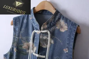 Kadın Yelek Çin Tarzı Denim Mavi 2023 Yeni Giyim Standı Yaka Toka Büyük Cep Düz Baskı Kolsuz Ceket Kadın