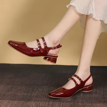 Bordo Slingback Patent Ayakkabı Kadın Sivri burun Blok Topuklu Vintage toka Pompaları