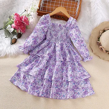 Elbise Çocuk Kız 4-7 Yıl Küçük Kız Mor Çiçek Uzun Kollu Kek Elbise Kore Tarzı Rahat Tatil Prenses Elbise