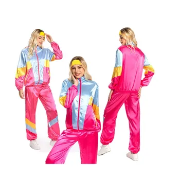 2 adet / takım Kadın Erkek Retro 80s 90s Cosplay Spor Ceket Ceket Pantolon Kafa Bandı Kıyafetler Cadılar Bayramı Karnaval Parti Kostüm