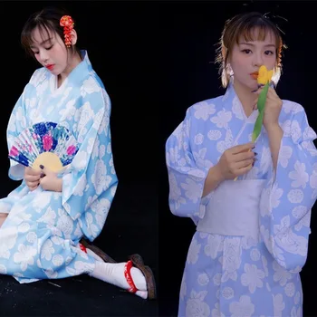 Kadın Japon Tarzı Kimono Beyaz Obi Çiçek Baskılı Bayanlar Geyşa Performans Yukata Kıyafeti Yetişkin Festivali Streetwear