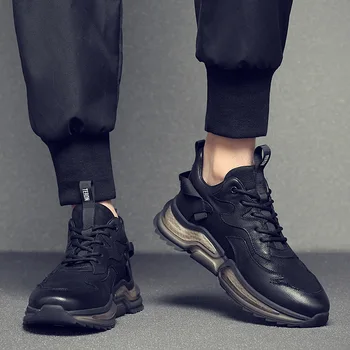 Yeni Erkek Hakiki Deri Rahat spor ayakkabılar Gençlik Bahar Sonbahar Serin Rahat Taban Siyah İnek deri sneakers