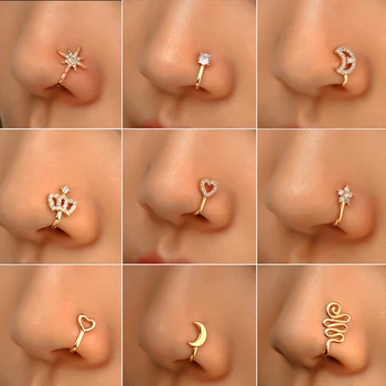 1 Adet Bakır Zirkon Olmayan Piercing Burun Halkası Kalp Yıldız Taç Klip Burun kulak klipsi Manşet Küpe Kadınlar için erkekler göbek takısı