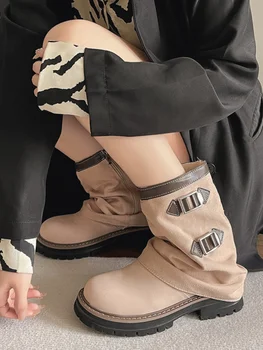 Beyaz Orta Buzağı Çizmeler Yuvarlak Ayak Fermuar kadın kauçuk ayakkabı Yağmur Lüks Tasarımcı Düz Topuk Çizmeler-Kadın Düşük Med Sonbahar Yaz Moda