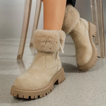 Kürk Platformu Sıcak Chelsea Çizmeler Kadın Flats süet ayakkabı Kış 2023 Yeni Tasarımcı Kısa Artı Kadife yarım çizmeler Punk Kar Botas