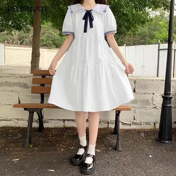 Tiki Tarzı Mini Elbiseler Kadın Denizci Yaka Tatlı Rahat Kore Moda Öğrencileri Yaz Tüm Maç A-line Vestidos Mujer