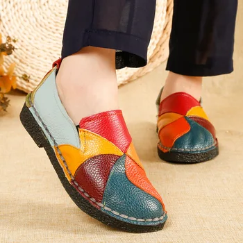 Kadın Loafer'lar Yamalar Dikiş düz ayakkabı Kadın Yaz Flats Yumuşak Şeker Renk Hakiki Deri Moccasins Loafer'lar