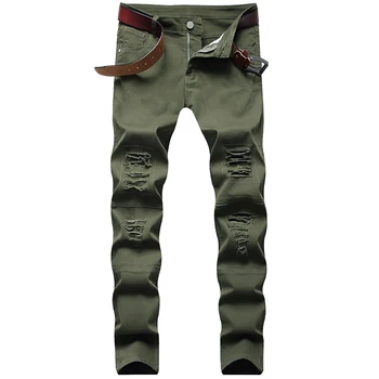 2023 Yeni Denim Kot Dört Mevsim Diz Delik Yeşil Kot pantolon Mikro Elastik İnce Erkek Giyim günlük pantolon Ücretsiz Kargo