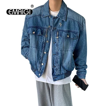 Erkekler Niş Moda Metal Omuz Pedi Gevşek Casual Streetwear Vintage Kısa Denim Ceket Erkek Jaquetas Ceket