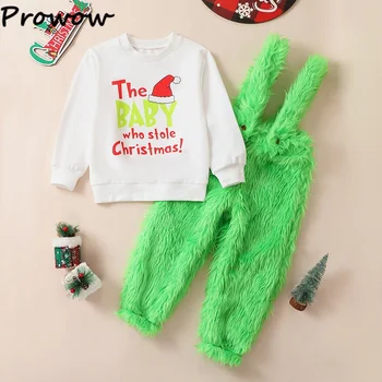 Prowow Çocuk Noel Kıyafetleri Boys İçin Mektup Tişörtü ve Yeşil Peluş Askı Pantolon Setleri Çocuk Boys Yeni Yıl Kostüm