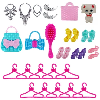 NK 35 Ürün / Set Prenses Moda Askıları Çanta Ayakkabı Küpe İlmek Taç barbie bebek Aksesuarları Elbise Bebek DIY Oyuncaklar