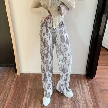 Haddelenmiş Boyalı Geniş bacak Pantolon kadın Yeni Preslenmiş Pilili Tarzı rahat pantolon Gevşek Yüksek Bel Düz Paspas Pantolon
