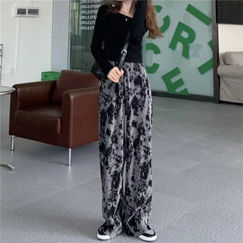 Haddelenmiş Boyalı Geniş bacak Pantolon kadın Yeni Preslenmiş Pilili Tarzı rahat pantolon Gevşek Yüksek Bel Düz Paspas Pantolon