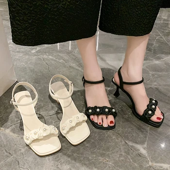 BCEBYL Yaz Inci Kaymaz Kare Ayak Stiletto kadın ayakkabısı Yeni Moda Basit Rahat Aşınmaya dayanıklı Açık Parmaklı Sandalet