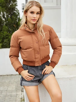 Fitaylor Sonbahar Kış Rahat Kadın Standı Yaka Kısa Dış Giyim Moda Bayan Katı Pamuk Parka Ceket Kalın Sıcak pamuklu ceket