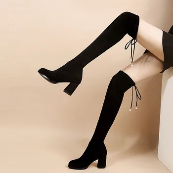 Uzun elastik diz çizmeler kalın topuklu yüksek çizmeler moda kadın pist kadın parti botları bayan ayakkabıları zapatos de mujer