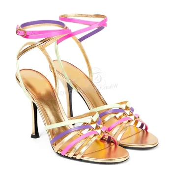 Altın Çizgili Çivili Sandalet Kadın Sarı Deri Pembe Ayak Bileği Sapanlar Stiletto Topuklu Bling Renk Yuvarlak Toe Hollow Kemer Toka Ayakkabı