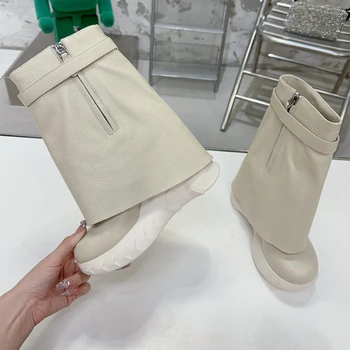 Hakiki Deri yarım çizmeler Kadın Süper Yüksek Topuklu Orta Buzağı Çizmeler Yüksekliği Artan Kama Kış tasarım ayakkabı Zapatillas Mujer