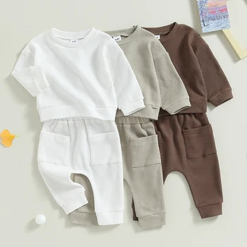 Bebek Bebek Waffle Güz Kıyafetler Bebek Düz Renk Uzun Kollu Kazak Tops pantolon seti Sonbahar Kış Giysileri Erkek Kız