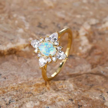 Lüks Kristal Zirkon Nişan Yüzüğü Beyaz Mavi Opal Oval Taş Yüzük Kadınlar İçin Antik Altın Gümüş Renk Düğün Bantları Takı