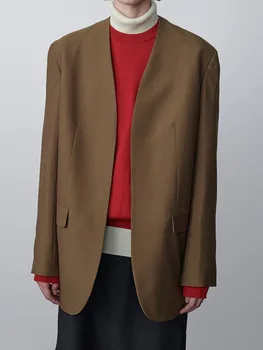 Kadın Yün Karışımlı Ceket Basit V Yaka Klasik Takım Elbise Blazer Kadın Uzun Kollu Moda Dış Giyim Sonbahar Kış Yeni