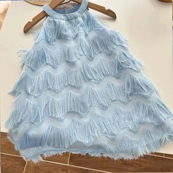 Çocuk Kız Püskül Elbise Kolsuz Halter Elbiseler 2023 Yeni Varış Çocuk Prenses Mavi Bej Parti Elbise Yaz Giyim
