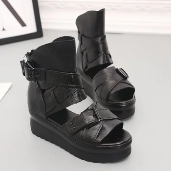 Yaz Pu Deri Kadın Sandalet Platformu Kadın Ayakkabı Kama Balık Kafası Yüksek Topuklu Siyah Sandalet Single Ayakkabı Fermuar Sandalias