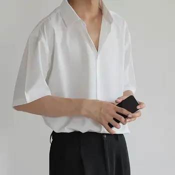 XEJ Siyah Gömlek Yeni Yaz Gevşek Benzersiz Kısa kollu Erkek Düzensiz Üç çeyrek Kollu Yakışıklı Unisex Beyaz Bluz adam Üstleri