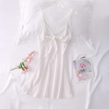 Kadın Mor Gecelik Seksi Dantel Gecelik V Yaka Uyku Elbise İpeksi Spagetti Kayışı Pijama Mini Kıyafeti Kadın Ev Elbise