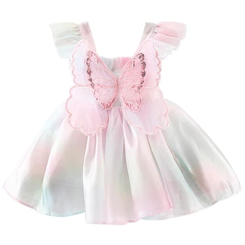 Yaz Bebek Elbiseleri Toddlers Kız Giysileri Kore Sevimli Gökkuşağı Kelebek Örgü Kolsuz Prenses Lüks Doğum Günü Elbise BC646