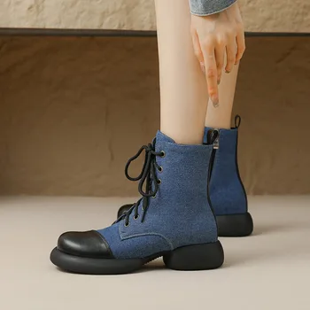 Bayan Denim Kot ayak bileği bağcığı çizmeler platform ayakkabılar Kovboy Toynak Topuk Yuvarlak Ayak Sıcak Kış  