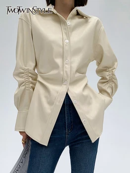 TWOTWINSTYLE Deri Eklenmiş Kat Gömlek Kadınlar İçin Yaka Uzun Kollu Tunik Patchwork Tek Göğüslü Vintage Bluz Kadın 2023