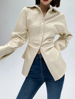 TWOTWINSTYLE Deri Eklenmiş Kat Gömlek Kadınlar İçin Yaka Uzun Kollu Tunik Patchwork Tek Göğüslü Vintage Bluz Kadın 2023