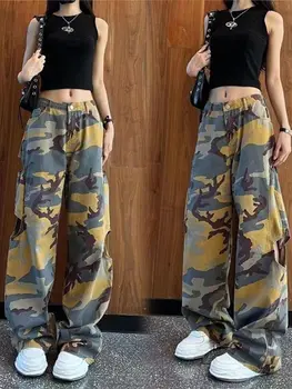 Y2K Amerikan Kamuflaj Yan Hollow Out Kargo Pantolon Kadınlar için Vintage Casual Gevşek Yüksek Bel Cep Düz Geniş Bacak Pantolon