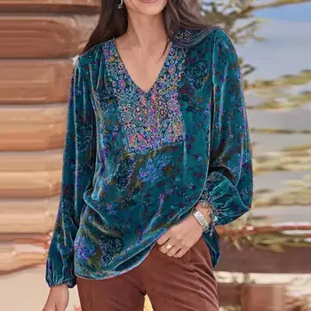 Kadın Bluz Vintage Baskı V Boyun Uzun Kollu Elastik Manşet Streetwear Bahar Sonbahar Gevşek Kadife T-shirt Kazak kadın kıyafetleri