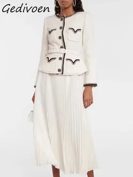 Gedıvoen Bahar Moda Tasarımcısı Bej Vintage Etek Seti Kadın O-Boyun Elmas Düğme Sashes İnce Ceket + Pilili Etek 2 Parça Set