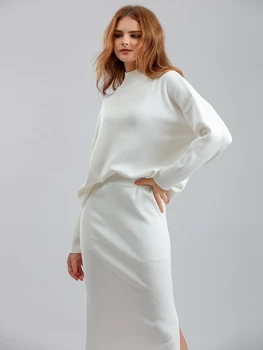 Bayan Kazak Etek Takım Elbise Rahat Gevşek Uzun Kollu Kazak ve Bölünmüş Midi Etek 2 Parça Setleri Bayan Kıyafetleri Sonbahar Kış Setleri