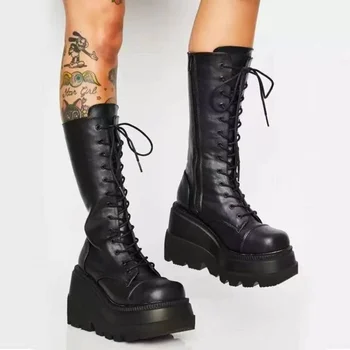 Sonbahar Kadın Çizmeler Orta buzağı Kama Yüksek Topuk Platformu Lace Up Zip Kadın Punk Gotik Motosiklet Siyah Yuvarlak Ayak Pompaları Bayanlar Ayakkabı