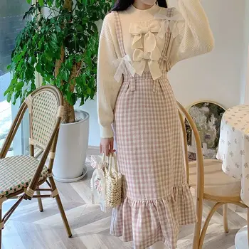 Japon Kawaii Ekose kemerli elbise Kadınlar Tatlı Yay Tasarımcı Parti Midi Elbise Kadın Rahat Kore Moda Kış Sevimli Elbise 2023